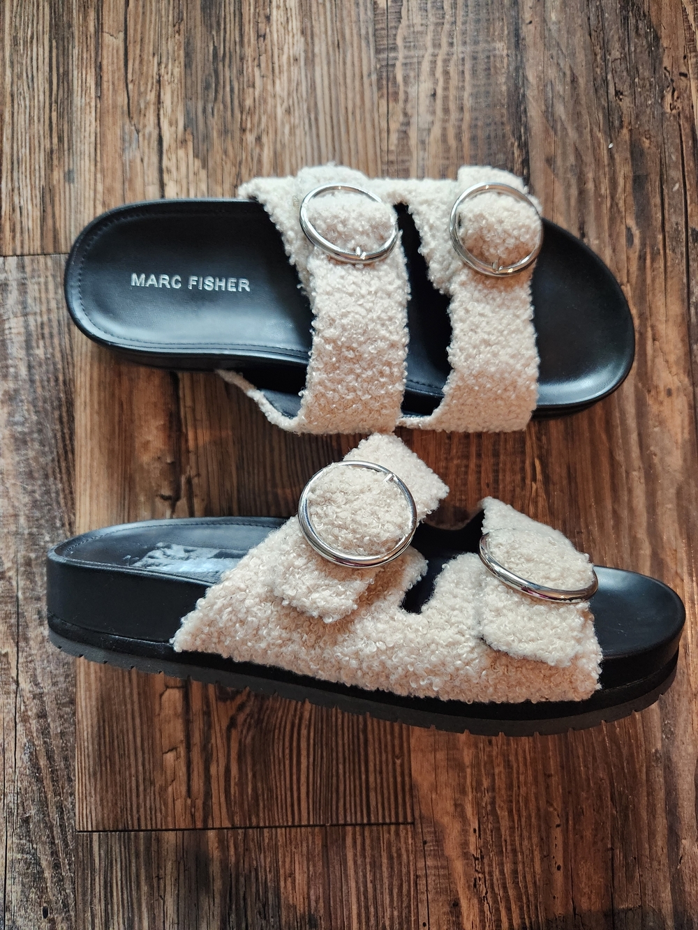 Marc Fisher Cream Bouclé Double-Buckle Slide Sandals